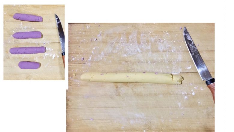 自制手工芋圆,接下来就是取面团，小心搓成条。因为紫薯面团成型性较差，所以一定不能太大力。可以先在砧板和刀上撒些木薯粉，防止粘连。