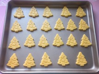 圣诞树饼干,将所有的圣诞树饼干摆放在不粘烤盘中，如果不是不粘烤盘，记得要垫一张油纸哦。