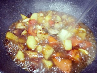 圆土豆+番茄土豆焖肉,翻炒均匀上色后，加入热水，或者开水，淹过食材就可以，然后盖上盖子焖煮20分钟