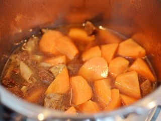 番茄胡萝卜牛腩,放入胡萝卜和盐。盖上锅盖，大火煮开后，转小火压5分钟。