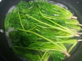 蒜香菠菜,锅中放入适量水，水开后放入菠菜焯水1分钟。