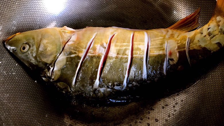 红烧鲤鱼,油锅预热，把鱼放进去，小火煎制煎制两面煎黄