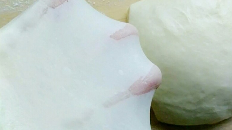 蜜豆炼乳土司,揉好的面团揪一小块用手撑开
可见光滑有韧性的薄膜
此时可以开始发酵了
如果你对口感要求不高
不出膜也可以
