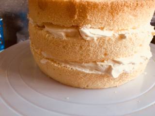 6寸双色蛋糕,以此类推，把3片蛋糕胚夹层都放好奶油和水果。