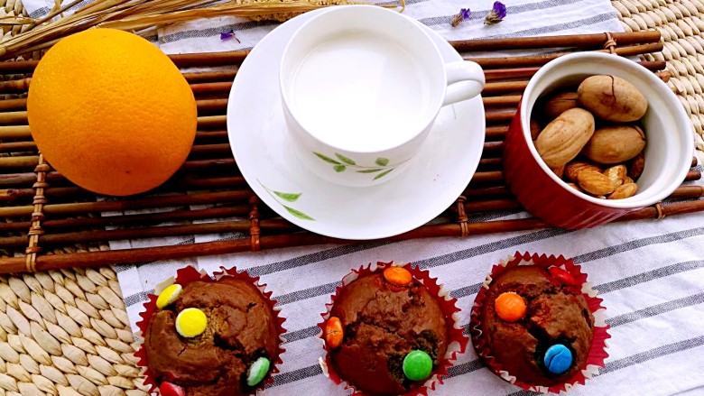 巧克力马芬蛋糕,马芬蛋糕搭配牛奶、水果和坚果，就是营养全面的满分早餐，带给家人健康每一天！