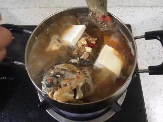 家常菜鲫鱼豆腐,煮开，换一个锅，将豆腐切小块放入锅中
