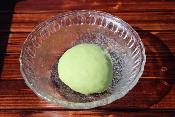 乌龟馒头,中筋面团加菠菜汁、酵母揉成软硬适中的绿色面团盖上保鲜膜进行第一次发酵
