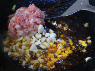 肉沫烧豆腐,下猪肉，姜蒜花椒，一起炒出香味。