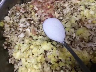 香菇猪肉饺,将大蒜生姜洗净去皮剁碎放入，加入一勺半盐