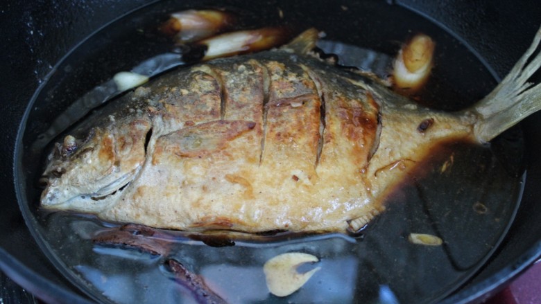 红烧鲳鱼,倒入清水，将鱼放入锅中