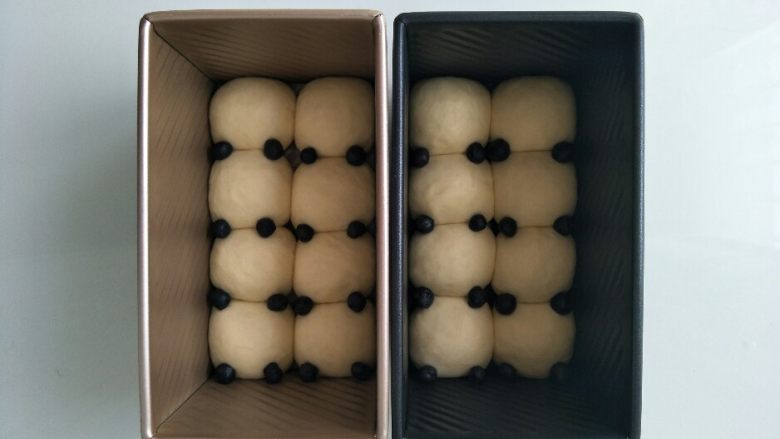 熊猫小面包,面团放在温暖湿润处进行二次发酵，发酵两倍大，用筷子将黑色面团放在耳朵的位置，盖上土司盒