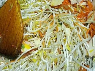 福州+炸春卷,放豆芽菜，香干，加盐两小勺，继续翻炒
