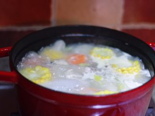 玉米胡萝卜排骨汤,放入玉米和胡萝卜，加适量盐，继续炖30min