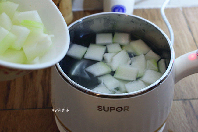 冬瓜鲜菇肉丸汤,煮锅接通电源，锅内倒入清水，将冬瓜倒入锅中，遮上盖、煮10分钟左右