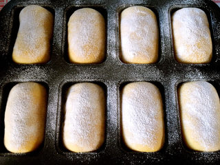 南瓜麻薯红豆面包,在二发好的面包表面撒一层高粉。