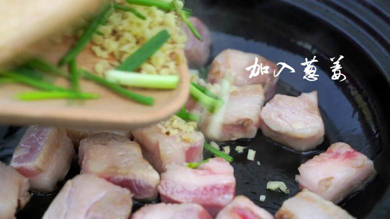 不俗又不瘦，东坡最爱竹笋焖猪肉,加入葱姜翻炒