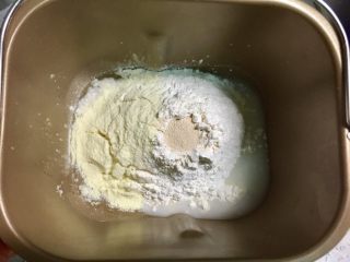 奶黄小餐包,把食材中除黄油、鸡蛋液和糖霜之外的材料放入面包桶，先放水，在对角处放入盐和糖，再放入面粉和奶粉，最后再面粉上掏一个洞倒入酵母。