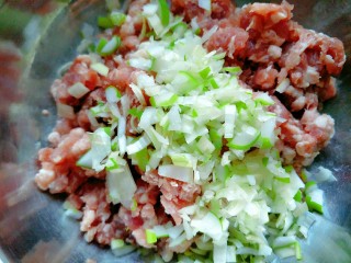 猪肉芹菜饺子,葱和姜切成碎，放在猪肉馅儿里搅拌均匀