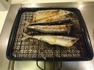 鹽巴燒烤秋刀魚,烤到表皮變色微焦