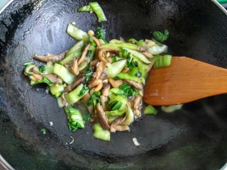 平菇炒油菜,待炒出蒜香，放适量盐和鸡精，即可出锅