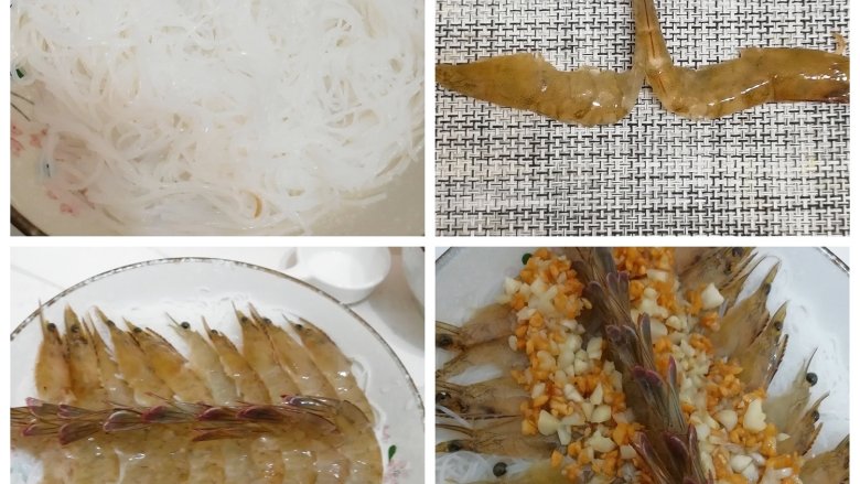 蒜蓉粉丝虾,粉丝垫在盘底，淋上30g蒸鱼豉油搅拌均匀，再把处理好的虾一只只摆上。最后再铺一层蒜蓉（约100g）。