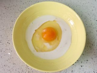 "Hello 2018"巧克力西多士,打一个鸡蛋在盘子里，倒入少许牛奶和一勺蜂蜜。