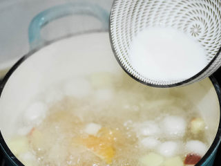圆子白果羹,淀粉加水搅拌匀，倒入锅内。