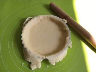 奶香南瓜派,取出冷藏的面团，擀成比6寸派盘还要大的面皮，盖在派盘上