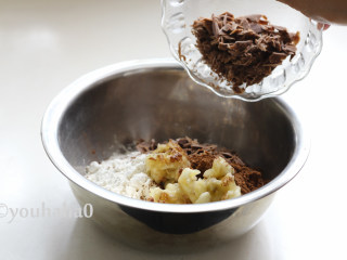 香蕉巧克力面包,面粉中放入可可粉；放入大块的香蕉，不用压成泥；放入巧克力碎；提前用刀子切碎；放入盐4克；