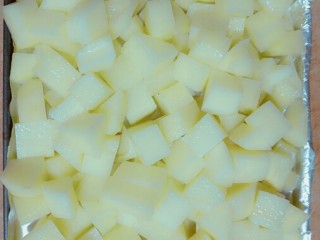 芝士焗土豆,放入烤盘，撒盐，拌一下