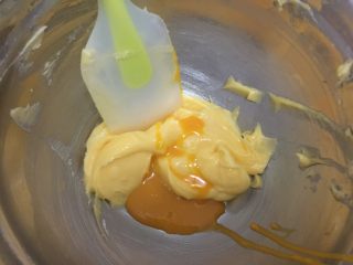 水果塔,将打散的蛋黄分三次倒入黄油中