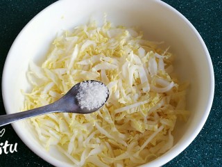 豆腐丝凉拌白菜心,往切好的白菜心上撒一勺盐。