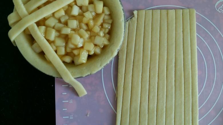 甜蜜苹果派,剩余的面团擀平，切成粗细均匀的长条，长度要超过模具。