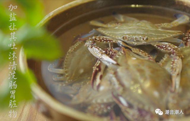 潮汕腌蟹,❥ 将刷洗干净的海蟹放入水中，加入适量的盐，让其吐出泡沫，清洗肠胃脏物