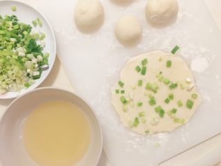 迷你葱油饼,用擀面杖将小面团擀成薄面皮，刷一层油，撒上适量盐和切好的葱花