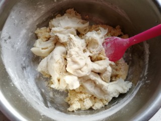 中种酸奶排包,再把中种面团用手撕成小块放进去；