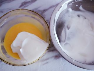 宝宝辅食之酸奶松饼（无泡打粉版）,步骤方法和做蛋糕一样，就是配料有些改变，取三分之一蛋白加入面糊中翻拌均匀