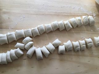 手工韭菜鸡蛋饺子,把搓长的面团切成小面团剂子，盖上保鲜膜，防止面团变干