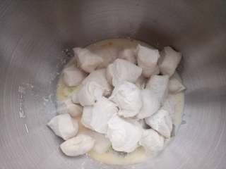椰蓉排包,把中种面团用刮板切成小块与主面团(除黄油和盐以外)放入厨师机里揉。
