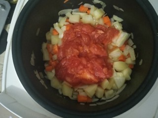 电饭煲-罗宋汤,西红柿去皮儿切碎，加到炒好的蔬菜中。