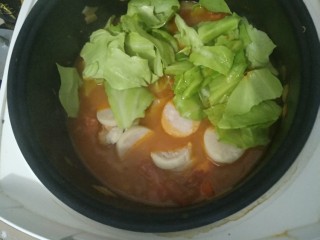 电饭煲-罗宋汤,卷心菜洗净撕成小块儿，蒜肠切成小片儿。搅匀即可