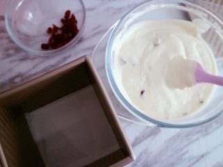 蔓越莓牛奶发糕,搅拌均匀后找一个容器灌入，我用的是吐司盒也可以用蛋糕模具或者大碗都可以，模具自行选择