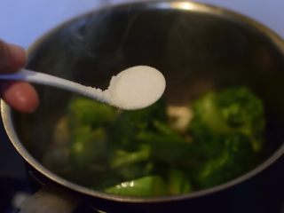 西兰花蘑菇浓汤,加入盐和水，加盖煮沸。
