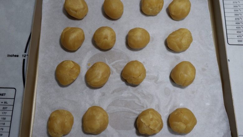 卡通面包—熊猫表情包,快要发酵完成的时候我们把馅料分好，滚成小圆球备用