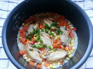 电饭锅+鸡中翅焖饭,再撒点葱花，然后搅拌几下
