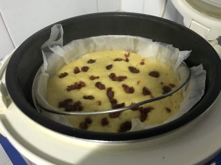 电饭煲+玉米面发糕,上面撒上蔓越莓。