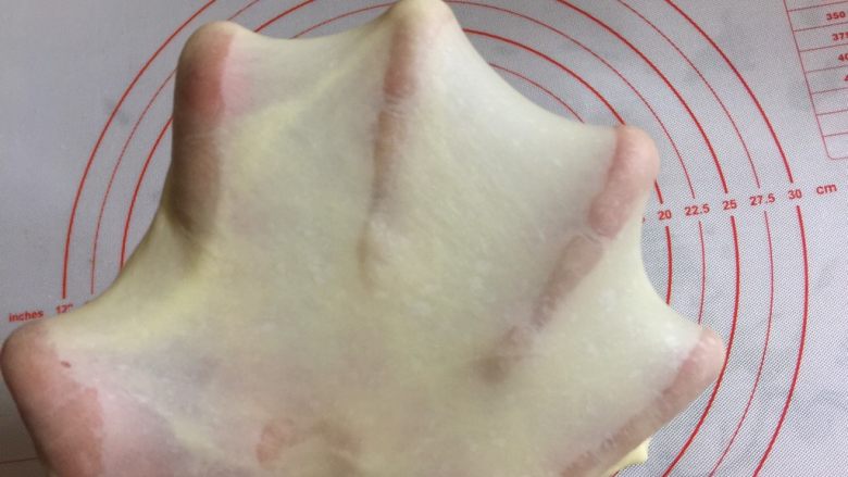 可爱的奶牛纹吐司（淡奶油版）,检视一下出膜情况，面团能拉出透明且有弹性的手套状薄膜，用手捅破薄膜，呈现光滑的圆形即可。