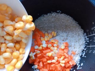 电饭煲+腊肠杂蔬焖饭,然后加入胡萝卜丁和玉米粒