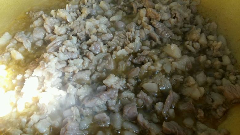 满屋飘香的肉米饭，吃一口回味无穷。,肉丁一直翻炒，直到锅中的油慢慢增多，说明肥肉中的油脂出来了。