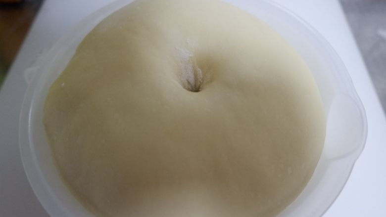 菊花豆沙面包,发酵至2-2.5倍至两倍大，手指沾面粉插孔面团不回缩，发酵完毕。